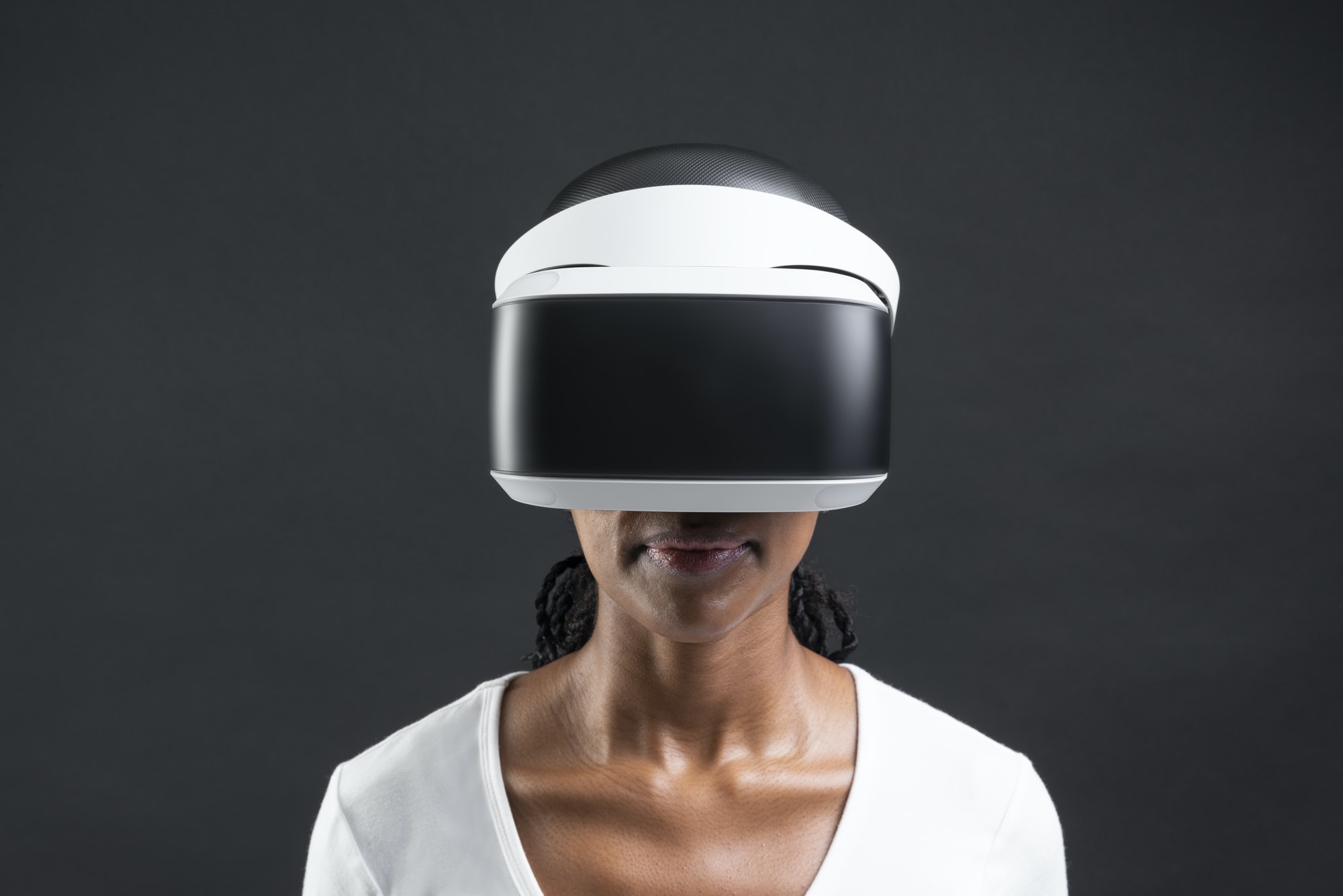 African American woman in virtual reality glasses smart technology